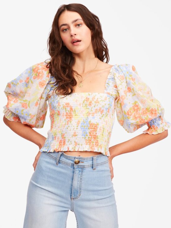 Billabong Tops - Floral Cropped Blouse Smocked Bodice, Billow Sleeves Feminine Summer Pastel Boho
